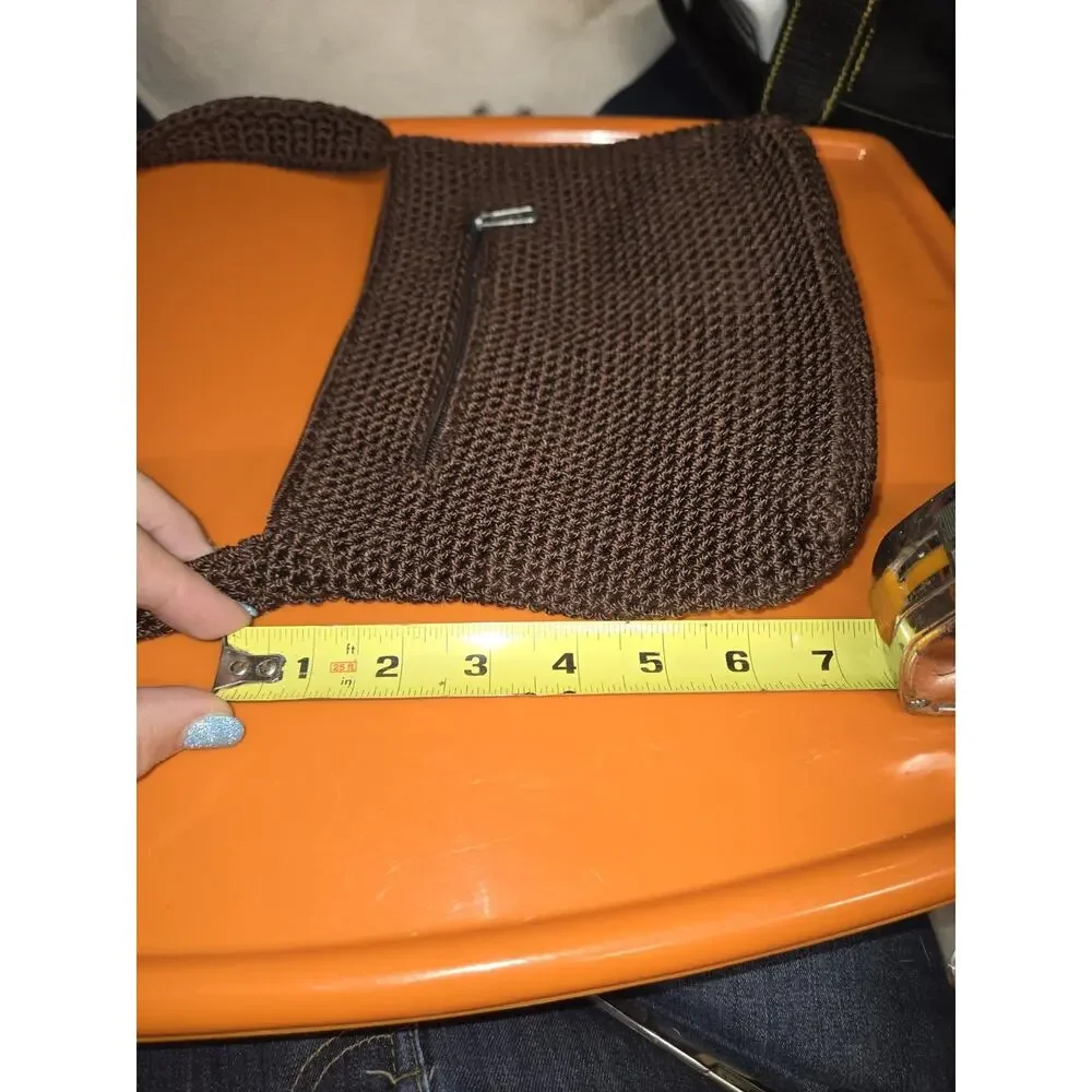 The Sak Vintage Brown Crochet Shoulder Bag Knit Crossbody Purse Front Zip Pocket